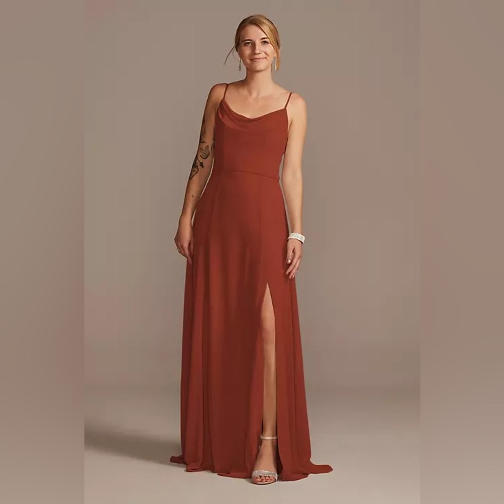 Davids Bridal cowl neck chiffon dress with slit